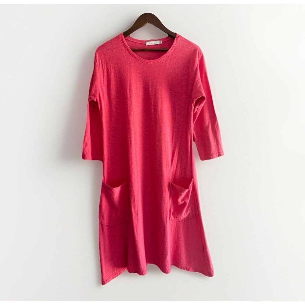 Cut Loose Linen Cotton Dress Pockets Asymmetric Hem Lagenlook Coral Pink Beach M